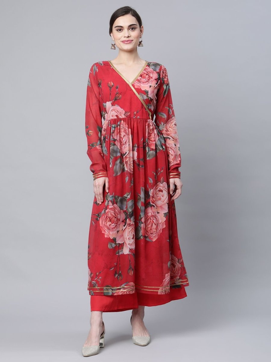 Ahalyaa Women Red Georgette Digital Floral Printed Kurta Palazzo Set - Distacart