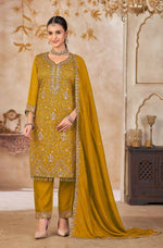 Thumbnail for Anaita Mustard Vichitra Silk Readymade Suit with Embroidery & Lace Work - Distacart