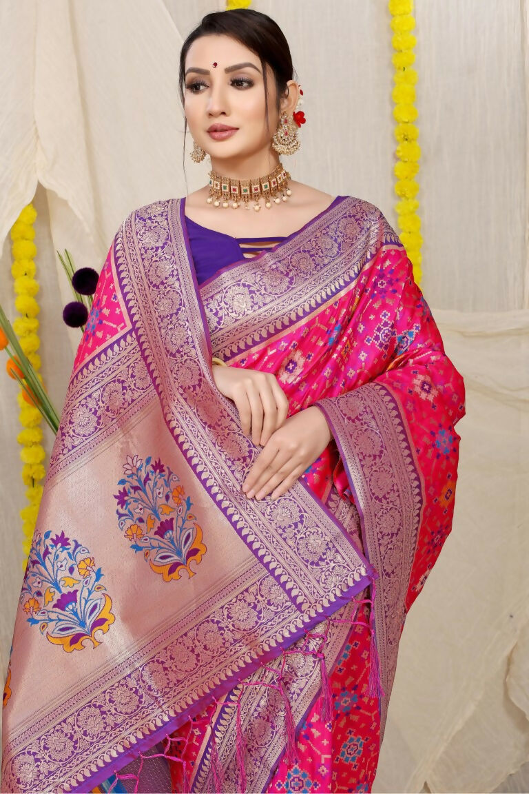 Jyoti Fashion Women's Rani Pink Patola Silk Zari Woven Saree with Blouse - Distacart