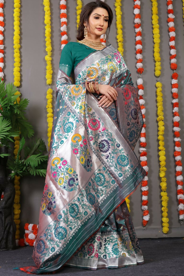 Jyoti Fashion Women's Bottle Green Banarasi Silk Zari Woven Saree with Blouse - Distacart