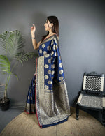 Thumbnail for Joban Fashion Navy Blue Ethnic Floral Motifs Soft Lichi Silk Banarasi Saree - Distacart