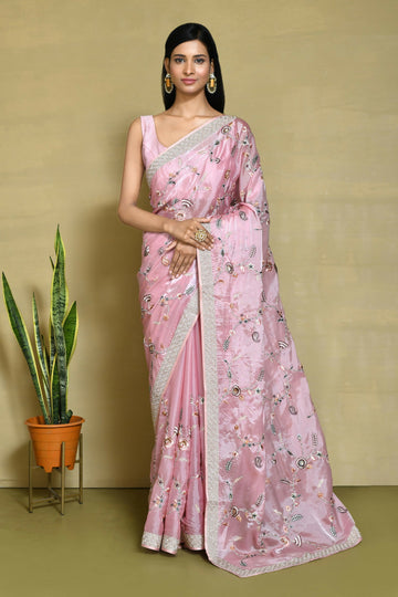 Pink Satin Silk Sequence Embroidered With Stone Work Festive Saree - Nimaya Denzy - Distacart