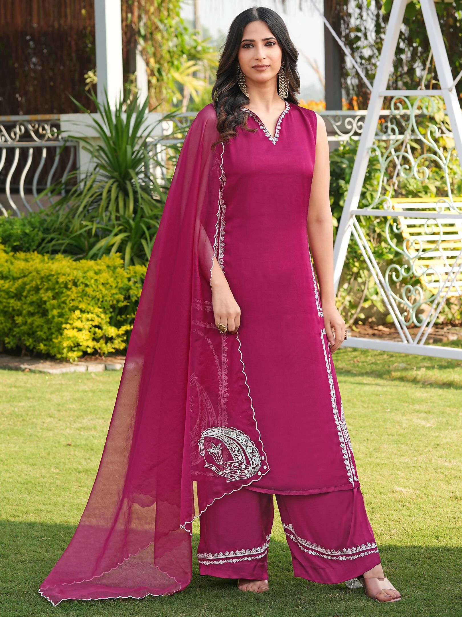Nikhaar Pink Embroidered Modal Silk Stitched Straight Cut Kurta Culottes Dupatta Readymade Suit - Dista