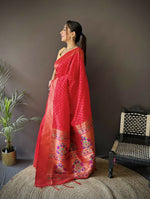 Thumbnail for Joban Fashion Red Jacquard Butti Soft Lichi Silk Paithani Saree - Distacart
