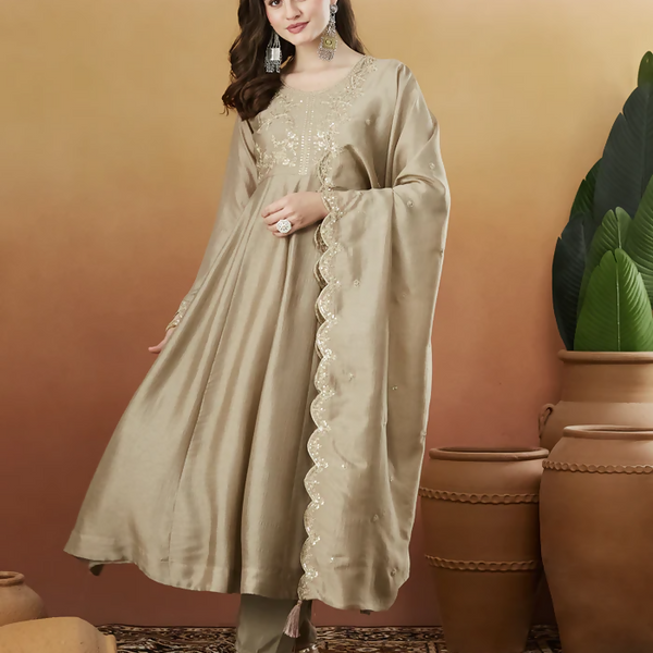 The52 Chiku Women's Beautiful Vichitra Silk Fabric Embroidered Work Flared Anarkali Pant and Dupatta Set - Distacart