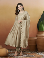 Thumbnail for The52 Chiku Women's Beautiful Vichitra Silk Fabric Embroidered Work Flared Anarkali Pant and Dupatta Set - Distacart