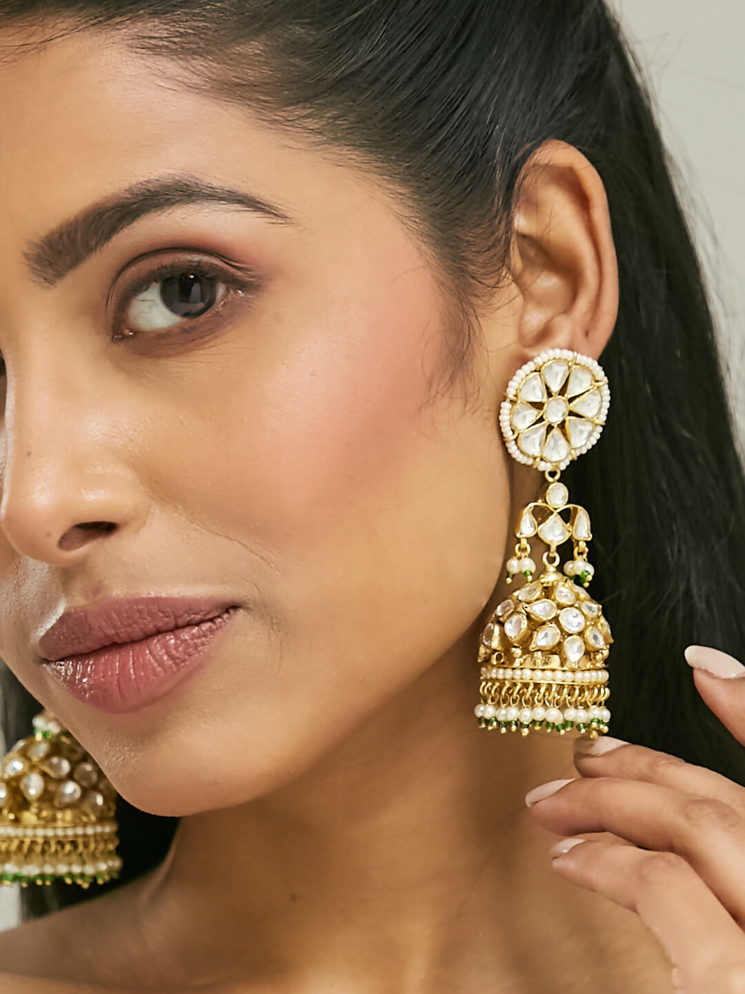 Nuyug 22K Gold-Plated Kundan Stone Studded & Pearl Beaded Dome Shaped Jhumkas
