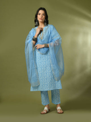 Myshka Women's Blue Printed Cotton Straight Party Kurta Set With Dupatta - Distacart