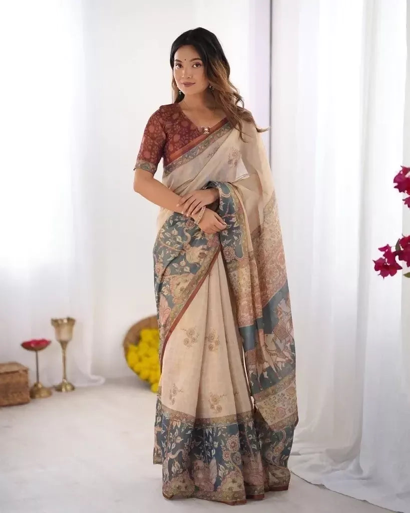 Prime Volt Beige Linen Tissue Silk Saree with Floral Print, Blue Printed Border & Matching Blouse