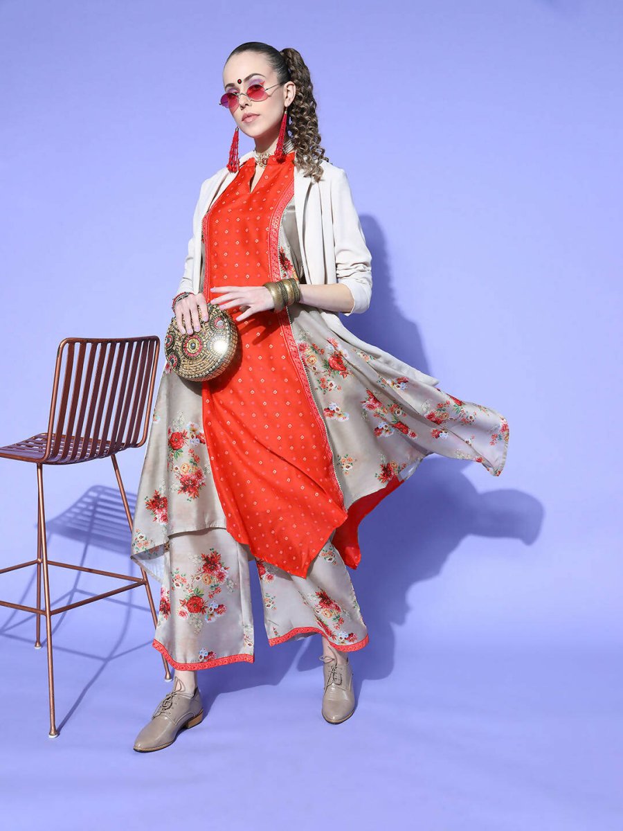 Ahalyaa Women Beige Colour Chanderi Digital Printed Kurta Palazzo Set - Distacart