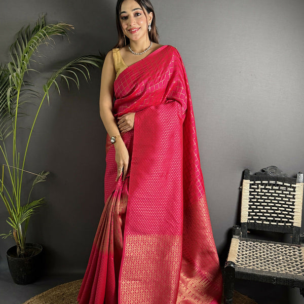 Joban Fashion Hot Pink Banarasi Soft Lichi Silk Checks & Woven Saree - Distacart