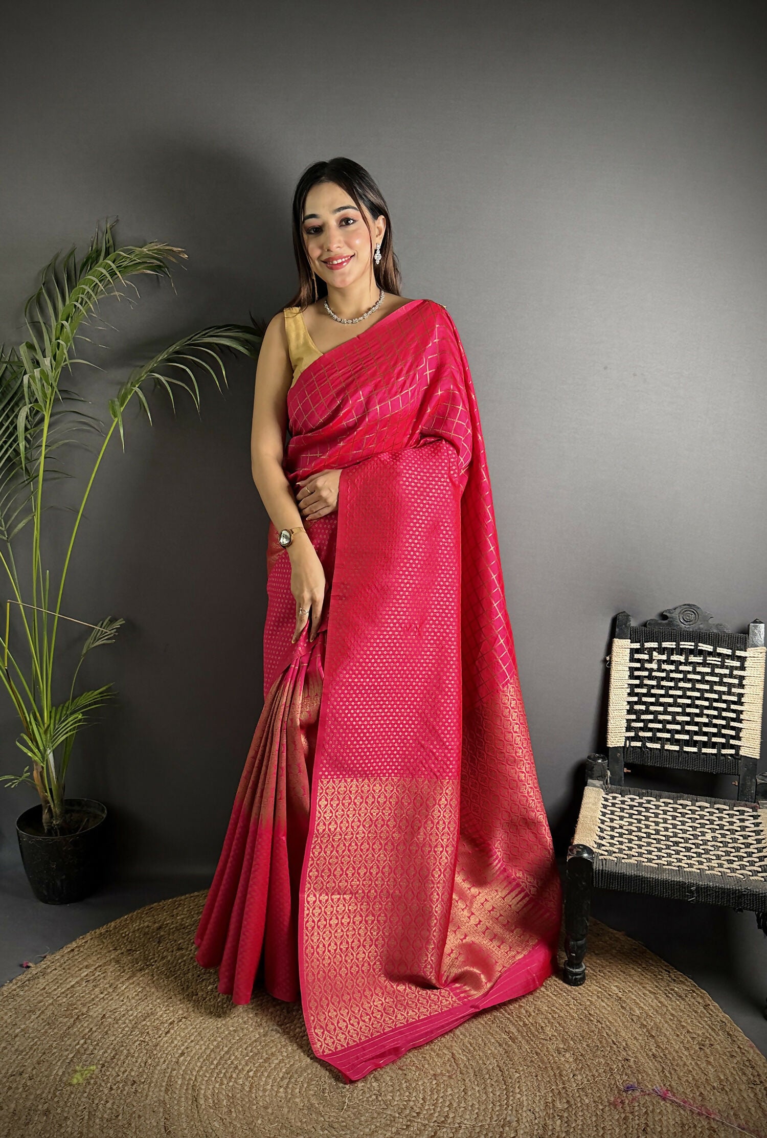 Joban Fashion Hot Pink Banarasi Soft Lichi Silk Checks & Woven Saree