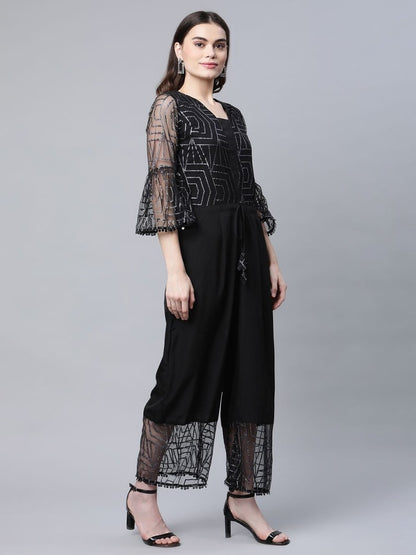 Ahalyaa Womens Crepe & Net Black Printed Jumpsuit - Distacart