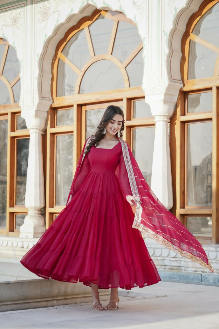 Aastha Fashion Women's Rani Pink Faux Georgette 5 Layer Frill Work Anarkali Dress with Dupatta - Distacart