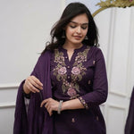 Thumbnail for The52 Women's Beautiful Rayon Slub Fabric Embroidery Work Straight Kurta Pant and Dupatta Set - Distacart