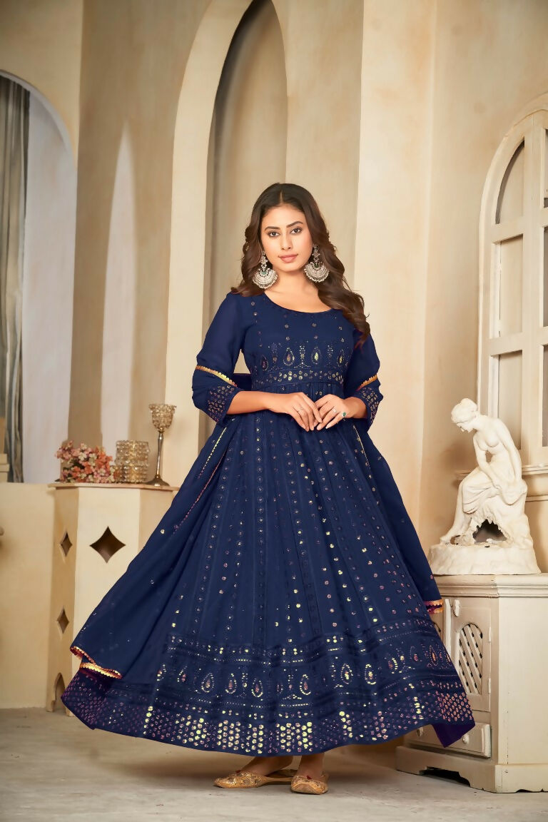 Jyoti Fashion Women's Blue Georgette Embroidered Anarkali Kurta Pant Set With Dupatta - Distacart