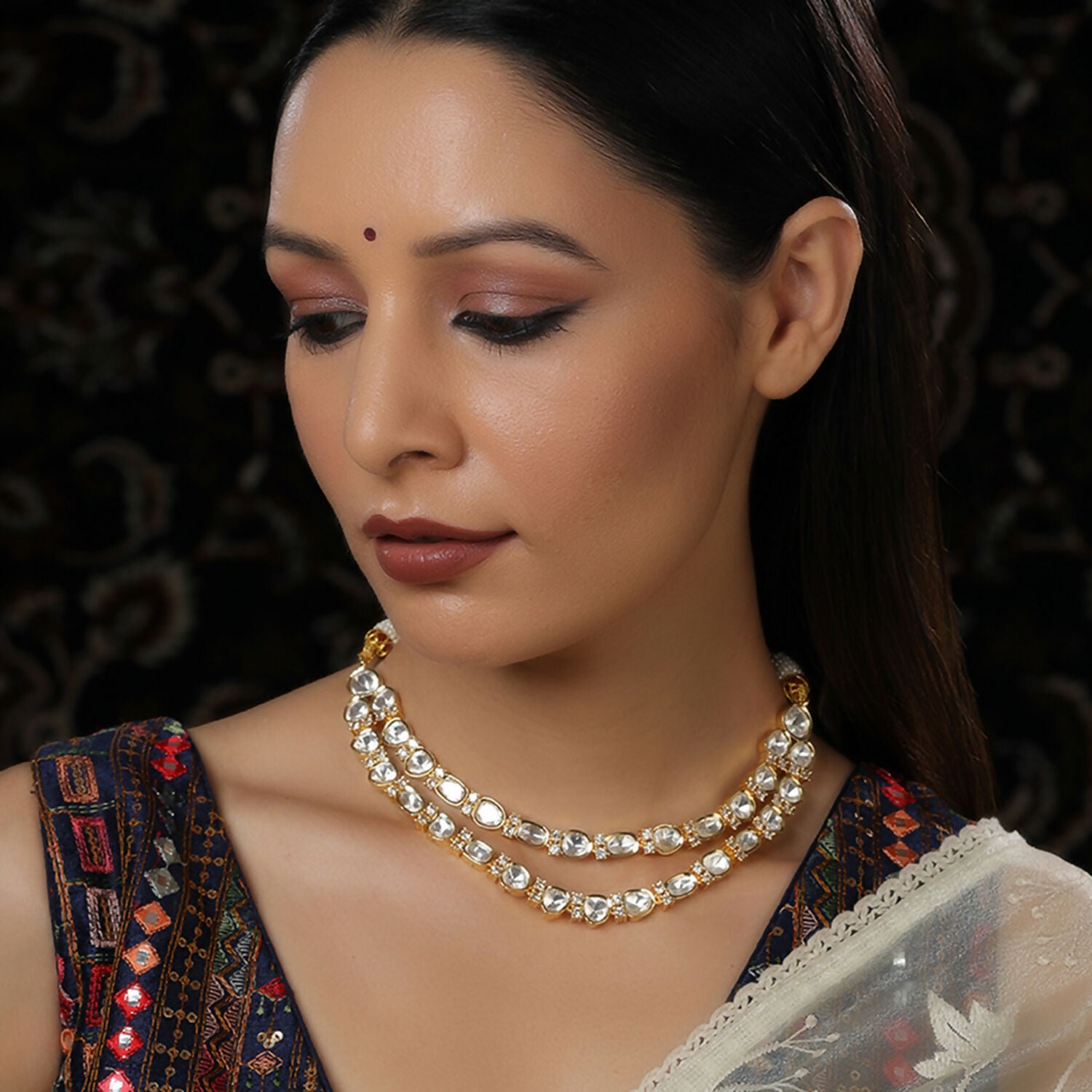 Double Layered Kundan and American Diamond Neckpiece (Gold) - Ruby Raang - Distacart