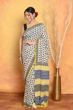 Thumbnail for Very Much Indian Handblock Printed Cotton Saree With Natural Dyes - White - Distacart