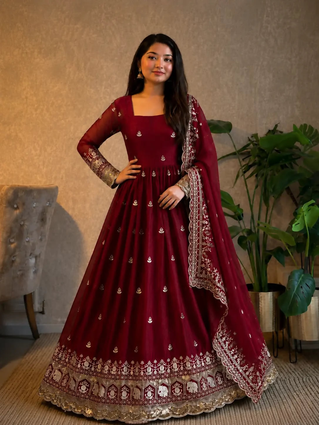 Jihu Culture Women's Maroon Zari Sequence Embroidery Work Anarkali Gown With Dupatta - Dista