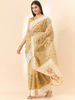 Thumbnail for Beige Organza Floral Embroidered Saree with Unstitched Blouse Piece - Roozal - Distacart