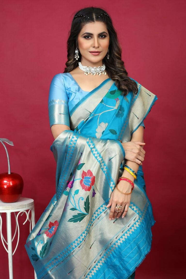 Jyoti Fashion Women's Sky Blue Paithani Silk Zari Woven Saree with Blouse - Distacart