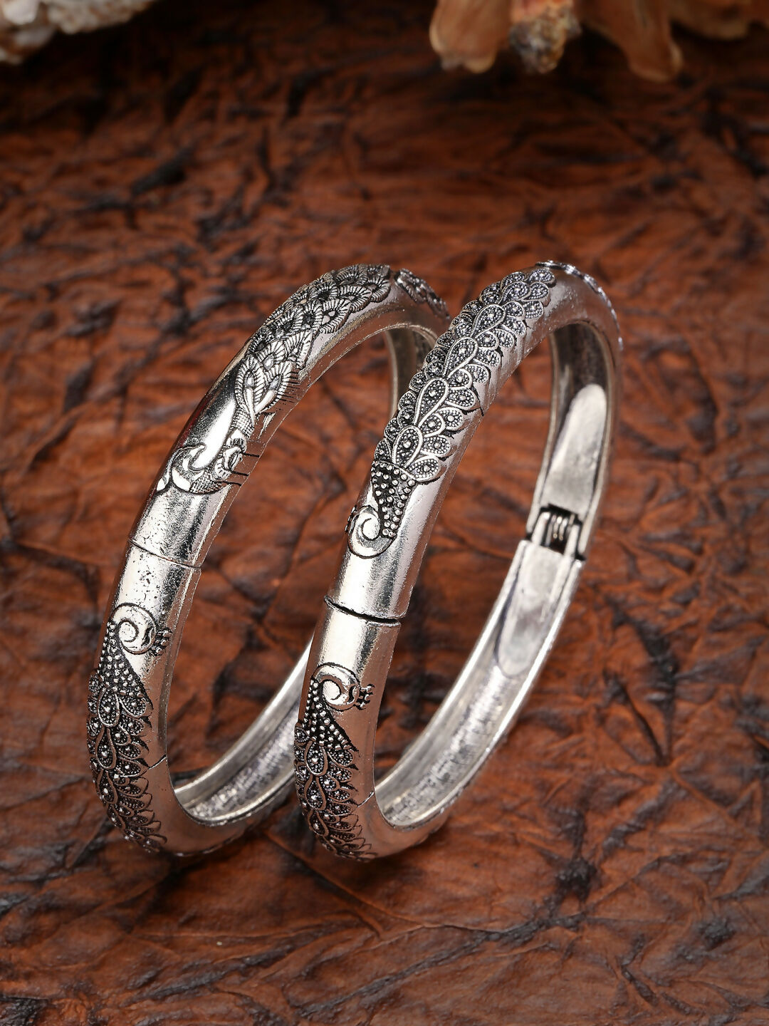 NVR Women's Set of 2 Silver-Toned German Silver Peacock Design Oxidised Kada Bangle - Distacart