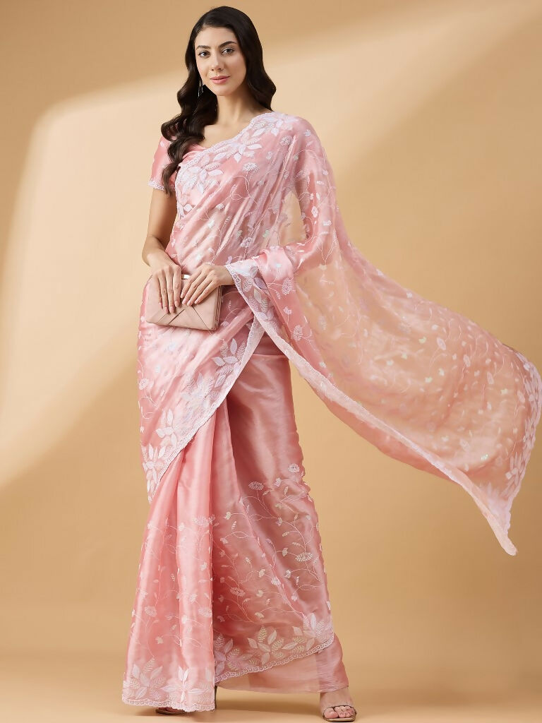 Peach Tissue Slub Embroidered Saree with Unstitched Blouse - Vairagi - Distacart