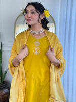 Thumbnail for The52 Yellow Women's Beautiful Embroidered Rayon Fabric with Straight Kurta, Pant and Dupatta Set - Distacart