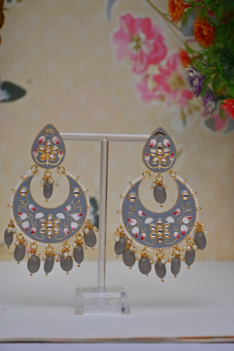 Grey Gold-Polished Brass & Pearl Dangle Women Earrings| Hand Painted Meenakari Chandbali Traditional Ethnic Wear Earrings By House of Ree - Distacart
