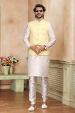 Thumbnail for Raivat Ethnic Jacquard Banarasi Silk Woven Work 3 Pics Jacket Set In Yellow Colour - Distacart