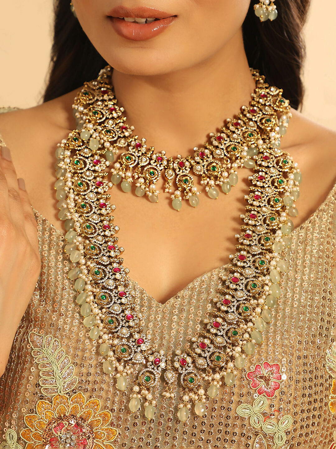 Nuyug 18K Gold Plated Divine Gold Tone Beaded Long Necklace Set