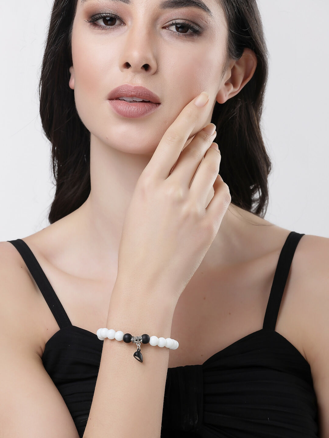 NVR Men & Women Set of 2 Black & White Onyx Handcrafted Elasticated Bracelet - Distacart