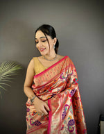 Thumbnail for Joban Fashion Reddish Pink Peacocks Flowers & Leaves Soft Silk Paithani Saree - Distacart