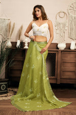 Thumbnail for Vastranavya Mehendi Digital Printed Linen Ready To Wear Designer Saree with Unstitched Blouse - Distacart