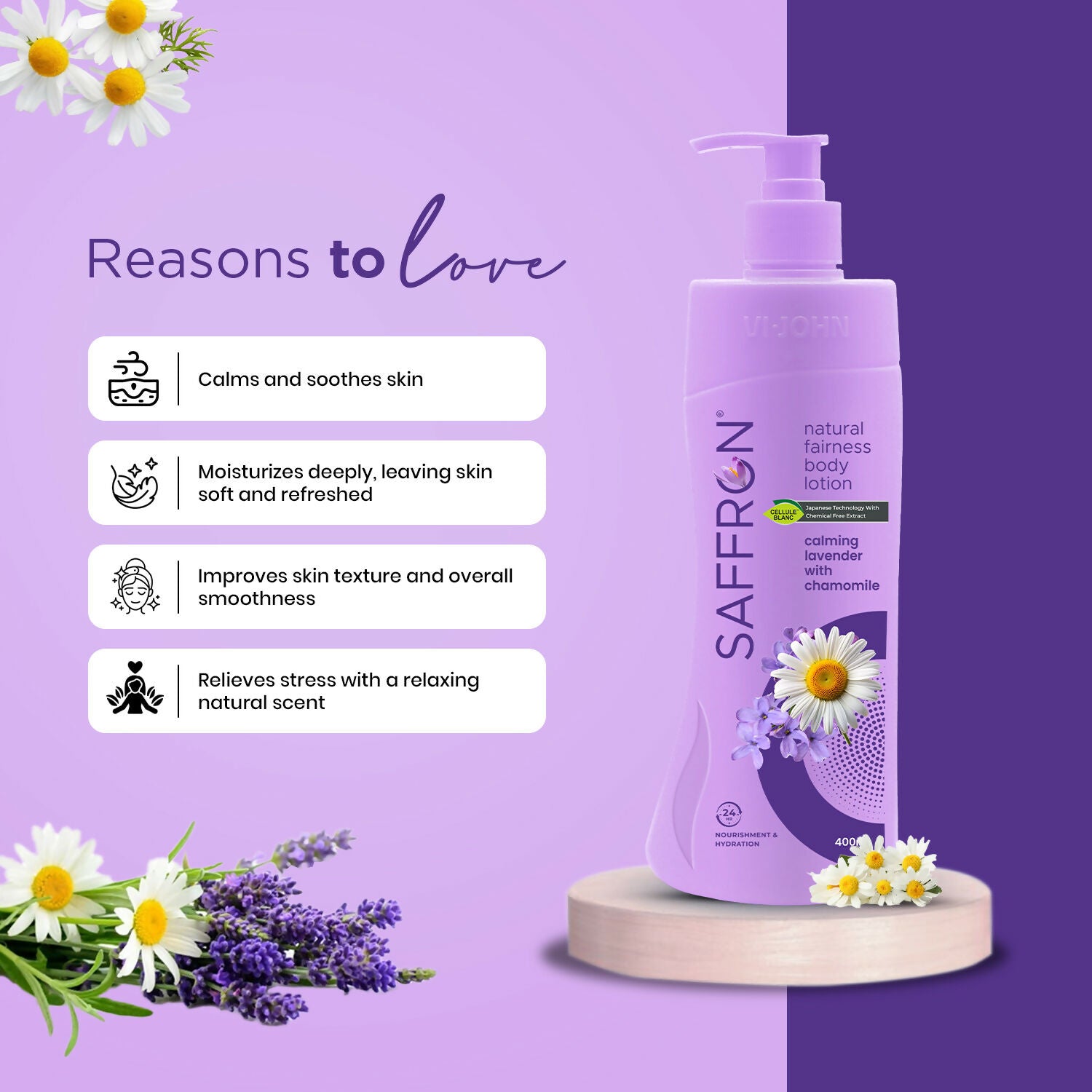 VI-JOHN Saffron Natural Fairness Body Lotion Calming Lavender with Chamomile Natural Moisturiser For Soft, Even-Toned & Radiant Skin Suitable for All Skin Types - Distacart