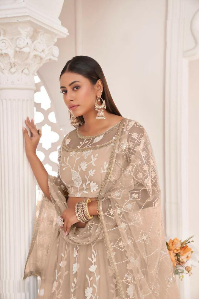 Aastha Fashion Dusty Chiku Butterfly Net White Cotton Thread Work, Zari Work And Sandwich Sequence Work Embroidery Wedding Wear Lehenga Choli - Distacart