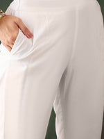 Thumbnail for Sangria White Floral Embroidered V-Neck Mirror Work Pure Cotton Kurta with Trousers