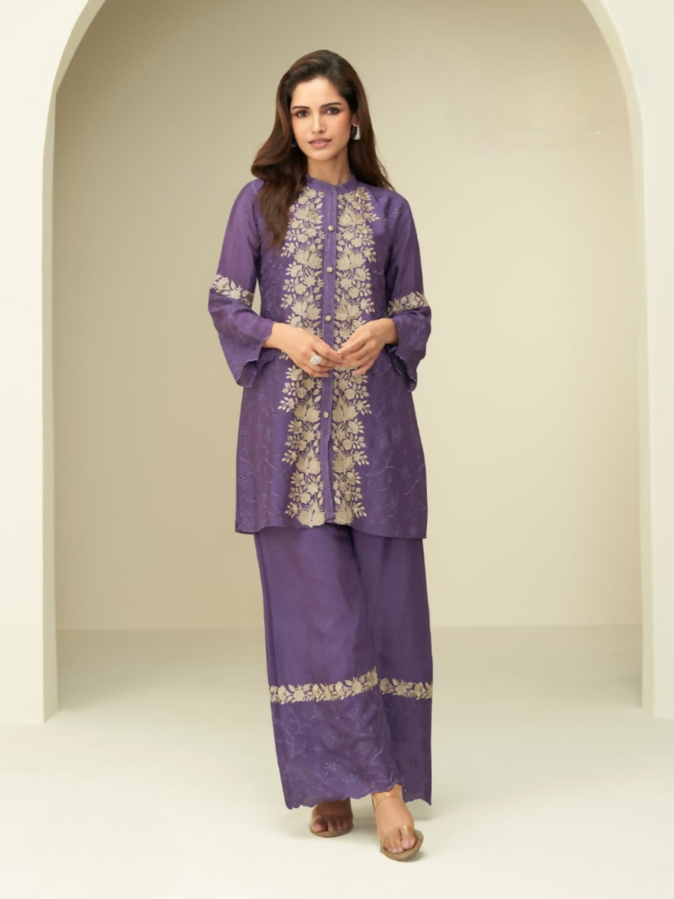 Anaita Violet Chinon Silk Readymade Co-ords Set with Embroidery Work - Distacart