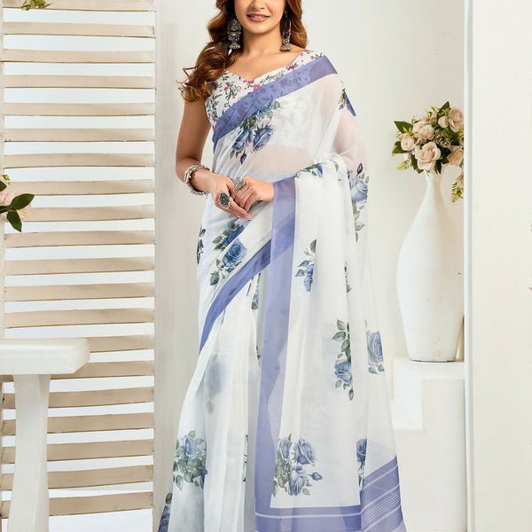 Vastranavya Blue Digital Printed Linen Ready To Wear Designer Saree with Unstitched Blouse - Distacart