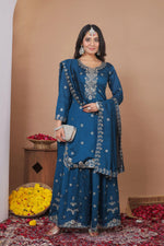 Thumbnail for Lehenga Mart Designer Sharara Suit With Kurta, Sharara, Dupatta For Women-Teal Blue - Distacart