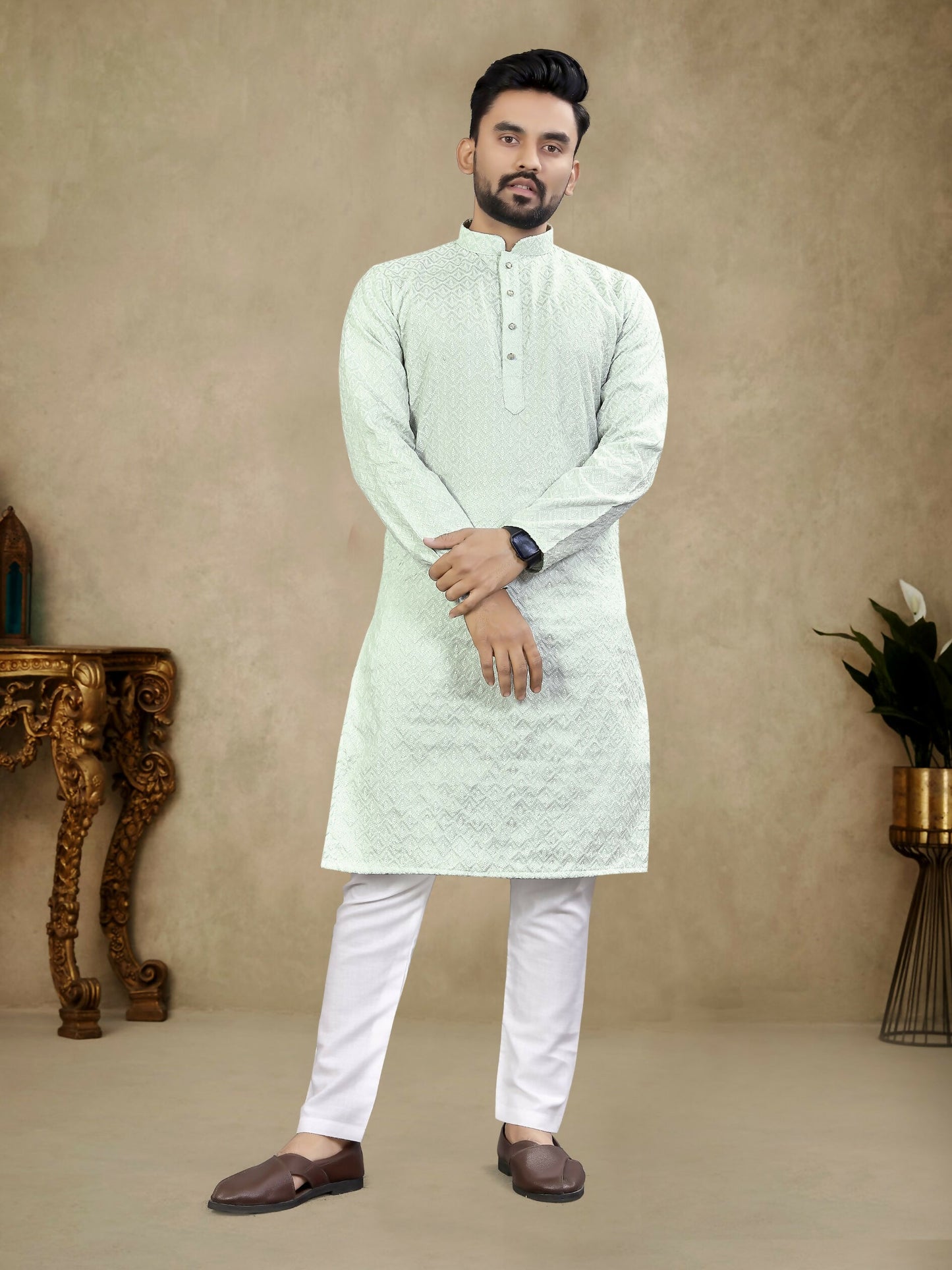 Anaita Sky_Blue Lucknowi Work Silk Straight Kurta - Distacart