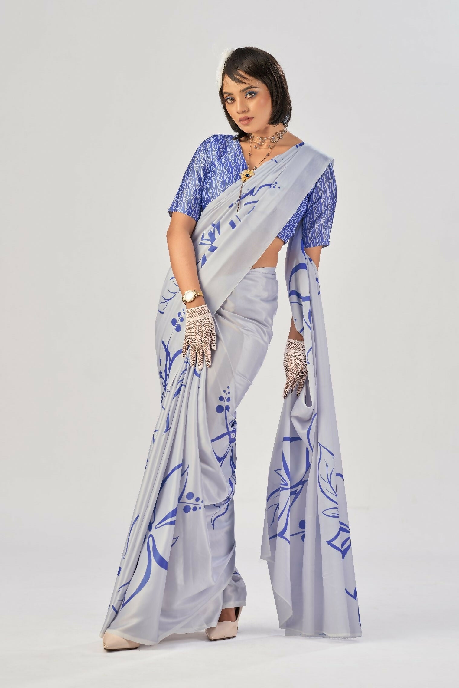 Vastranavya Sea Blue Satin Silk Elegant Printed Saree with Unstitched Blouse - Distacart