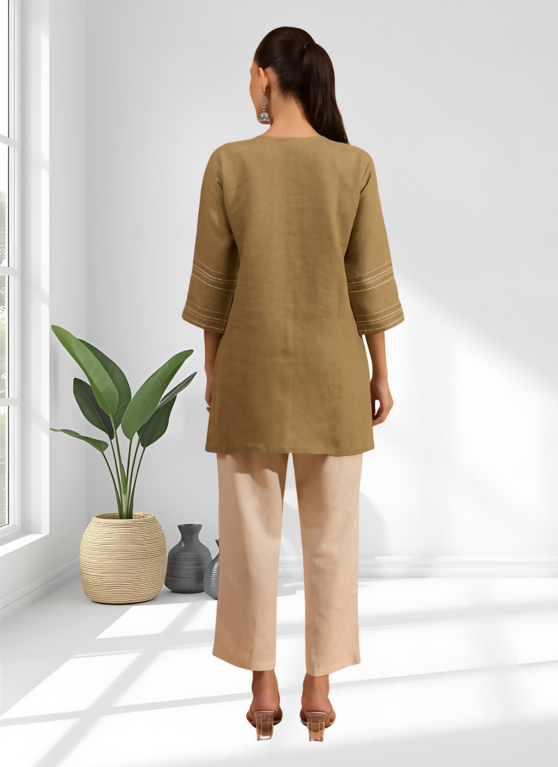 Joban Fashion Light Brown Linen Embroidered Readymade Tunic - Distacart
