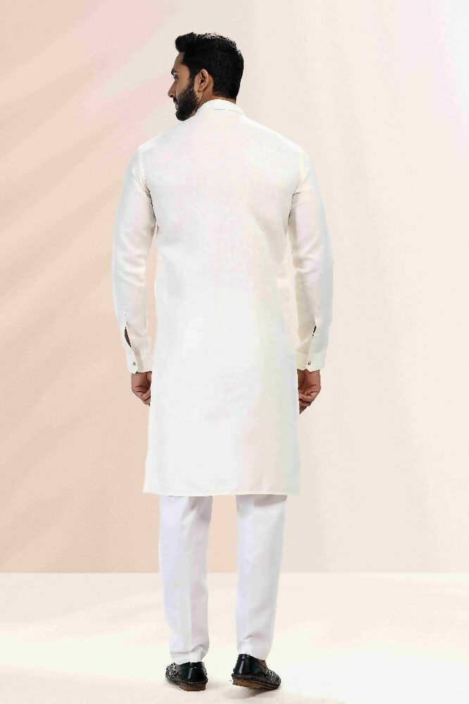Raivat Ethnic Linen Cotton Pintux Work Kurta Pajama In Cream Colour - Dista