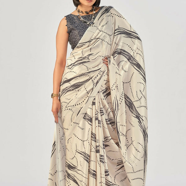Vastranavya Off White Satin Silk Elegant Printed Saree with Unstitched Blouse - Distacart