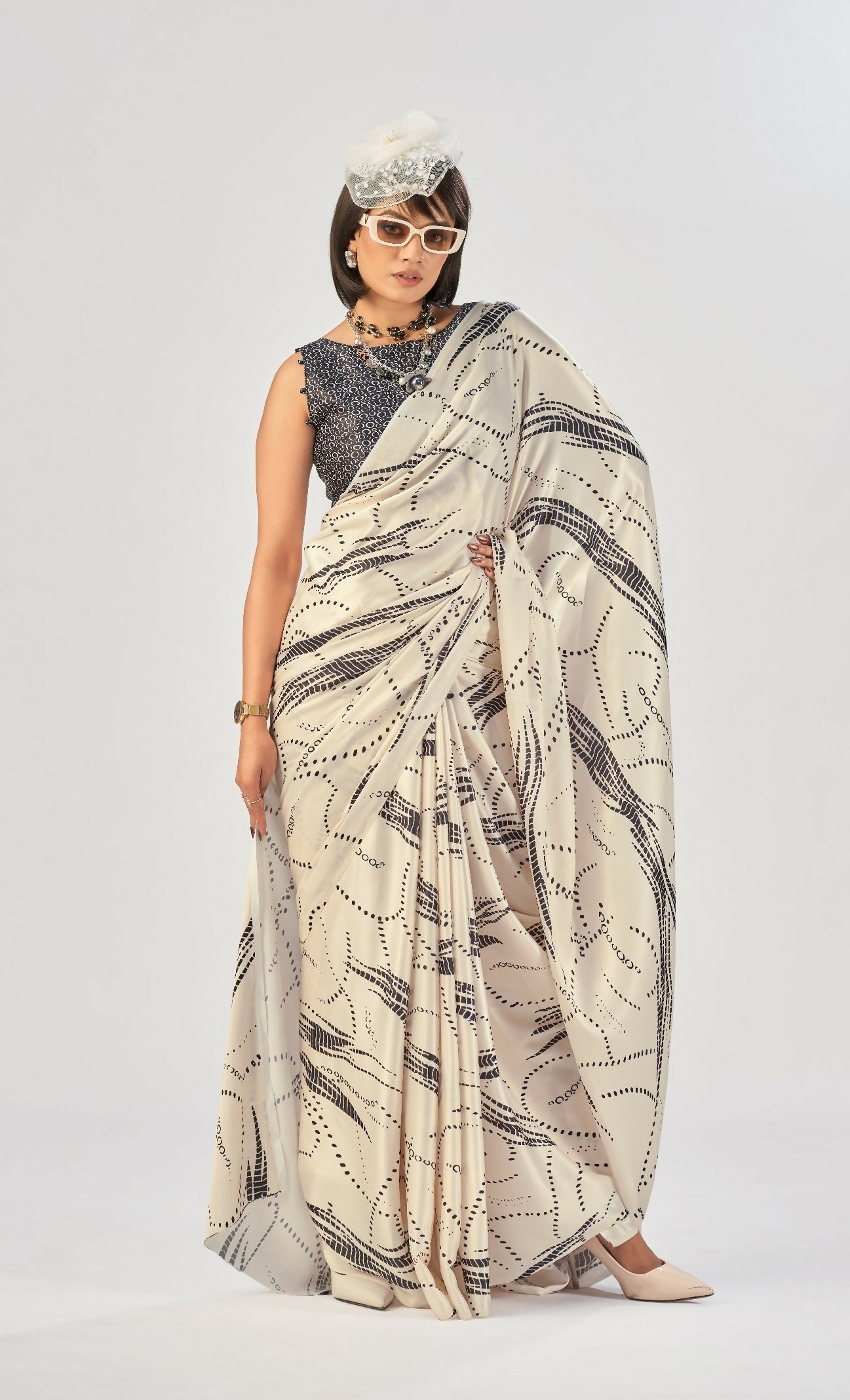 Vastranavya Off White Satin Silk Elegant Printed Saree with Unstitched Blouse - Distacart