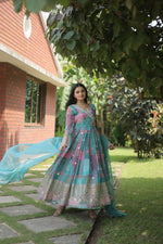 Thumbnail for Jyoti Fashion Women's Sky Blue Russian Silk Digital Print with Embroidered Anarkali Dress with Dupatta - Distacart