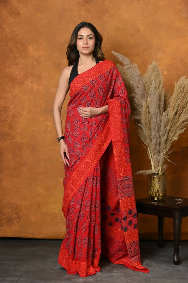 Very Much Indian Handblock Printed Cotton Saree With Natural Dyes - Red - Distacart