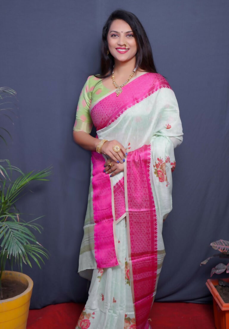 Jyoti Fashion Women's Magenta Linen Silk Digital Print with Jacquard Woven Border Saree with Blouse - Distacart