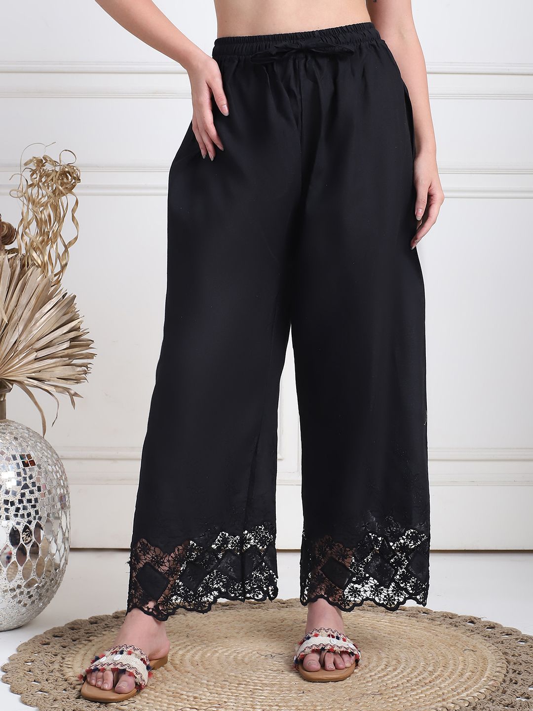 TAG 7 Women Floral Hem Design Flared Ethnic Palazzos - Distacart